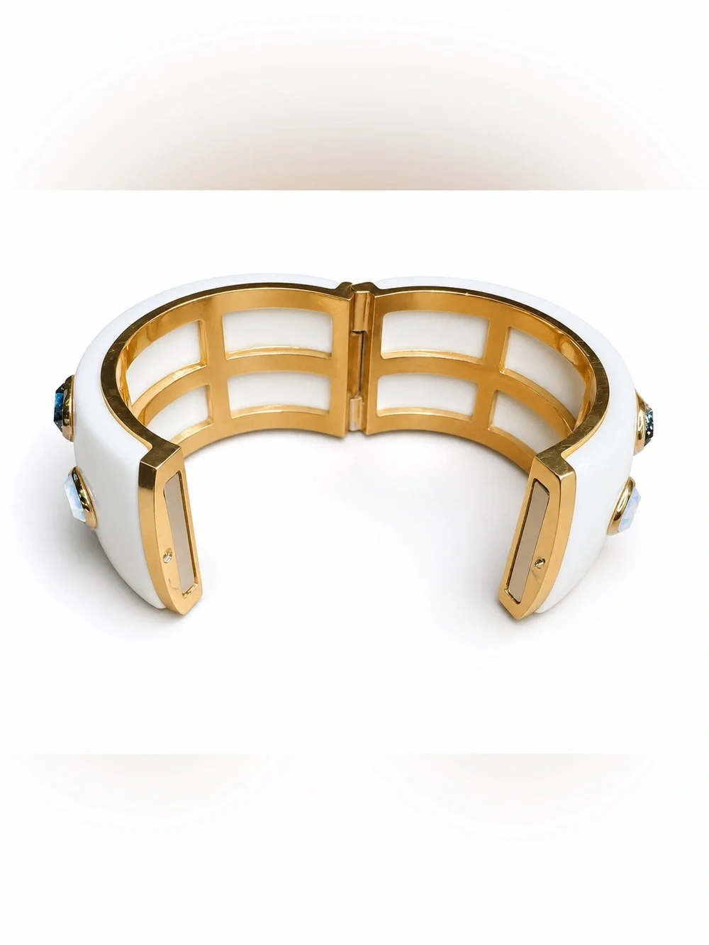 Neiman Marcus White Enamel Gold Tone Hinged Cuff Bracelet Crystal‎ Accent